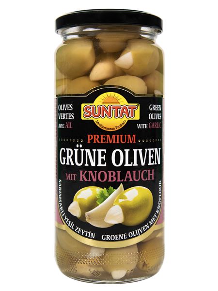 SUNTAT Premium Grüne Oliven mit Knoblauch 500ml Glas
