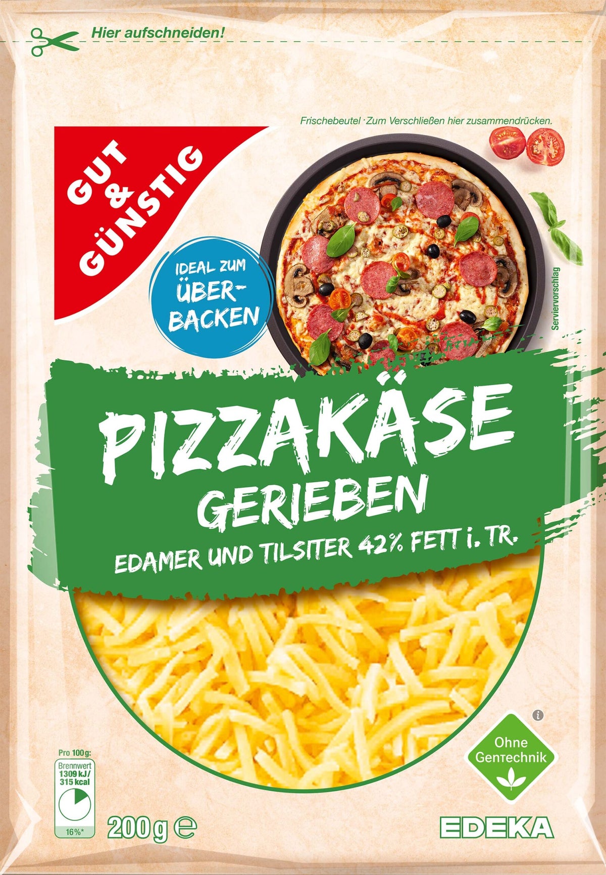 GUT&GÜNSTIG Pizzamix gerieben 42% 250 g / GUT&GÜNSTIG Pizza İçin Rendelenmiş Peynir Karışımı %42 250 g