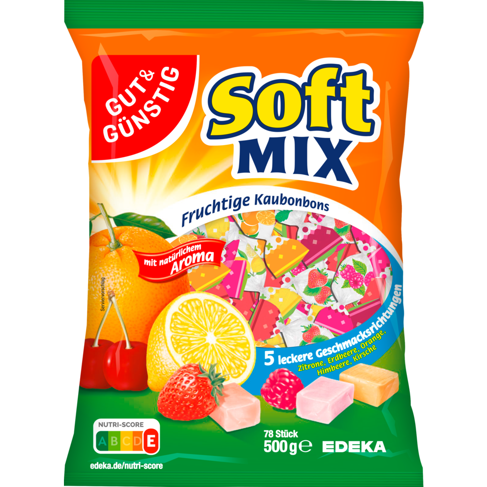 GUT&GÜNSTIG Soft Mix Kaubonbons Fruchtgeschmack Weiche Süßigkeiten Mischung 500 g