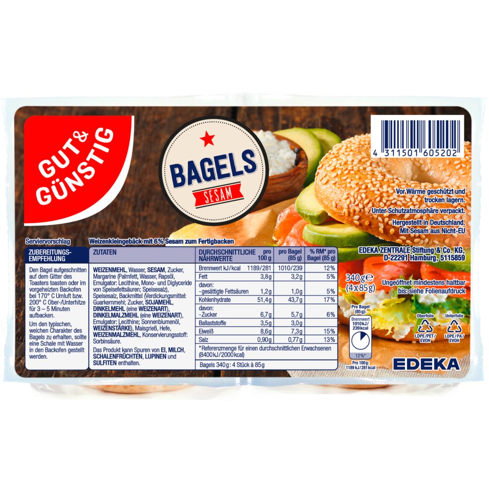 GUT&GÜNSTIG Bagels Sesam Weizenkleingebäck 6% Sesam zum Fertigbacken 340 g
