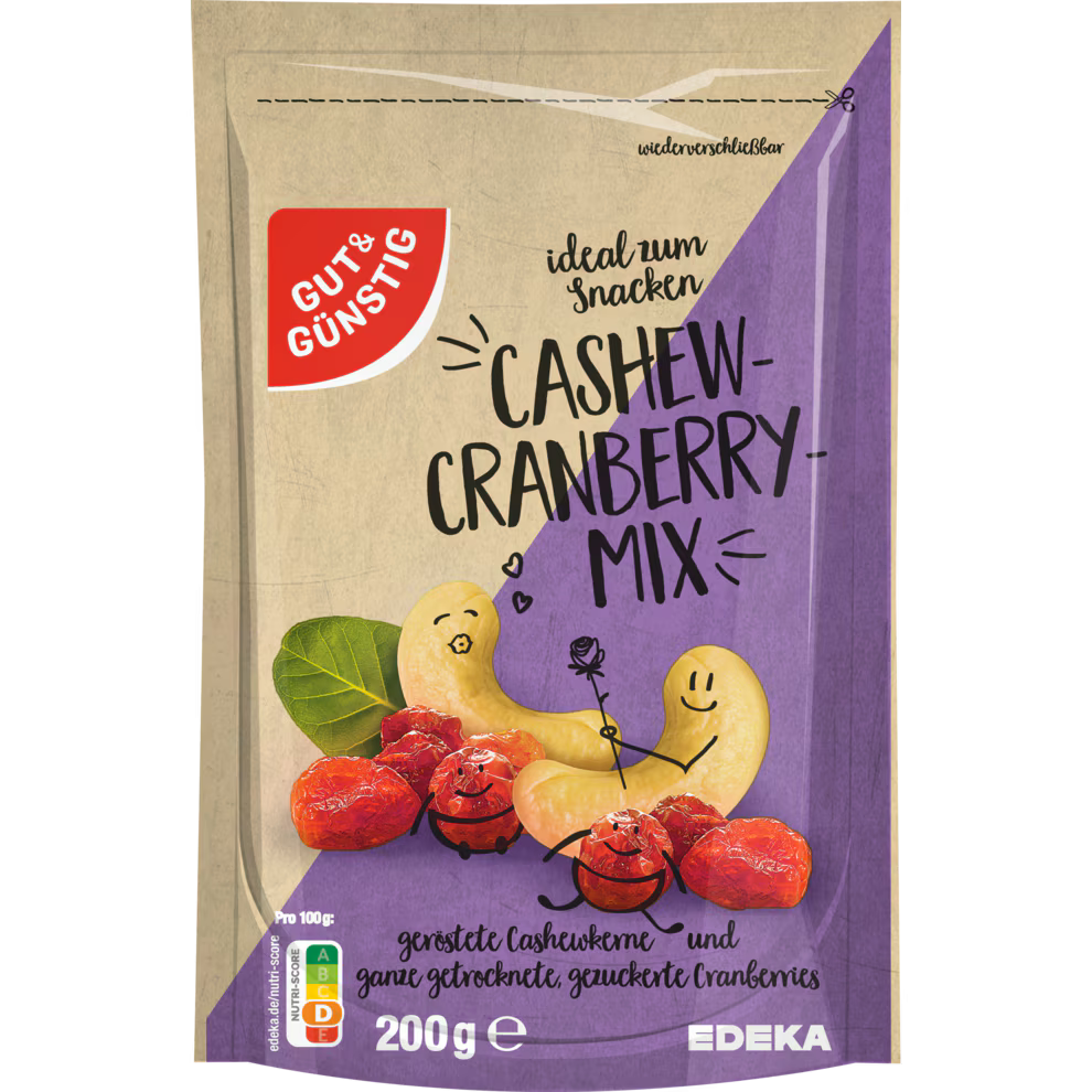 GUT&GÜNSTIG Cashew-Cranberry-Mix Geröstete Cashews Getrocknete Cranberries Snack 200 g