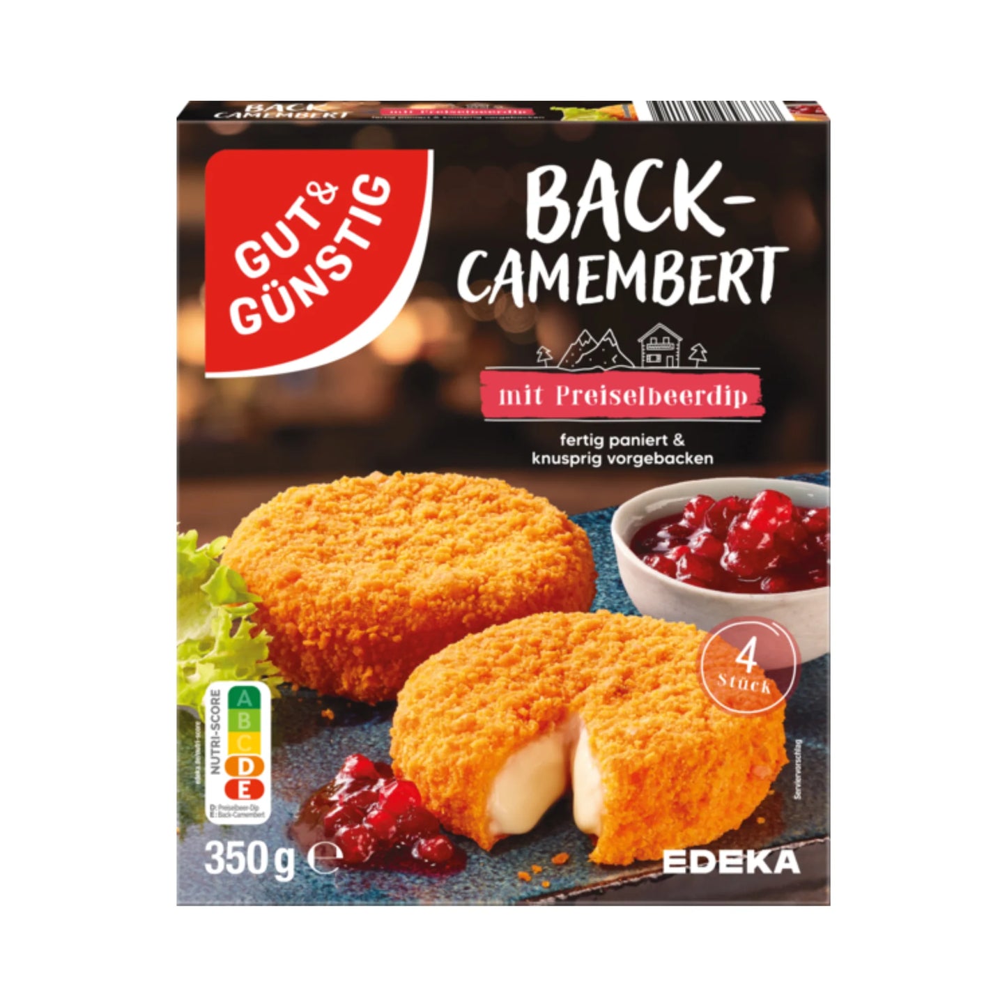 GUT&GÜNSTIG Back-Camembert 45% Fett i.Tr. Paniert Vorgebacken mit Preiselbeerdip 350 g