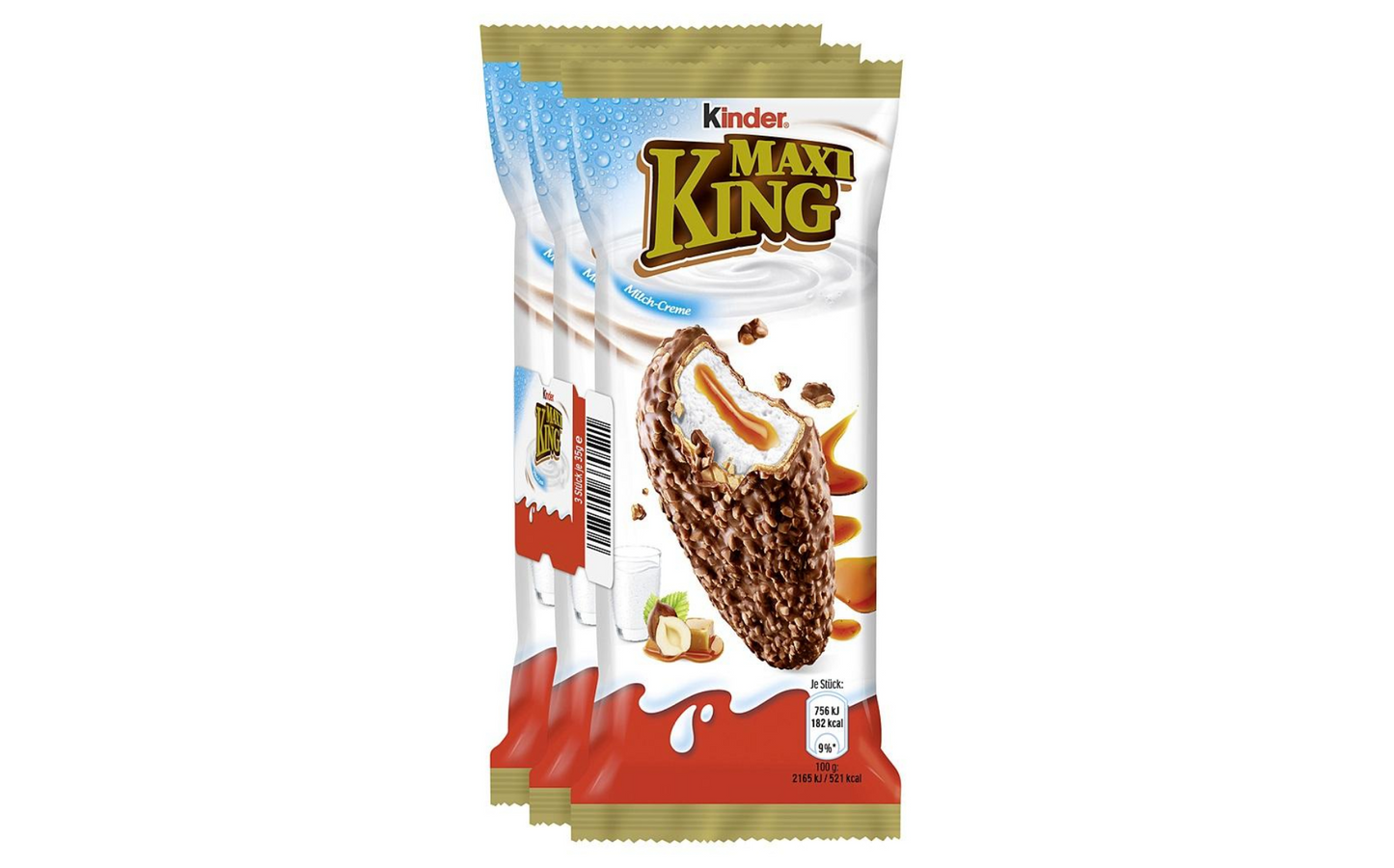 Kinder Maxi King Milchcreme & Karamell in Waffel mit Haselnuss-Schokolade 3er Pack 105 g