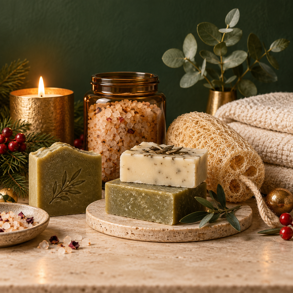 Flora Geschenkbox - 100% Handgemachte Olivenölseife - Naturell Luffaschwamm