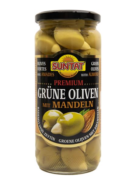 SUNTAT Premium Grüne Oliven mit Mandeln 500ml Glas