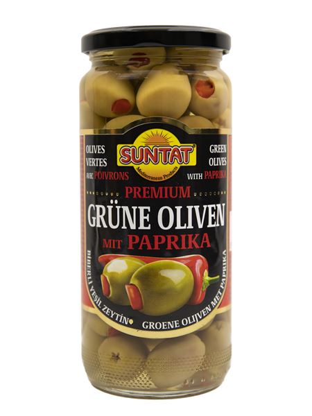 SUNTAT Premium Grüne Oliven mit Paprika 500ml Glas