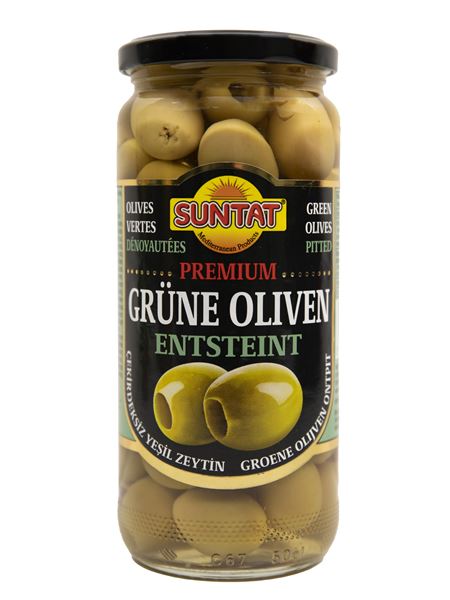 SUNTAT Premium Grüne Oliven entsteint 500ml Glas