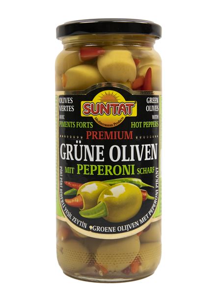 SUNTAT Premium Grüne Oliven mit Peperoni 500ml Glas