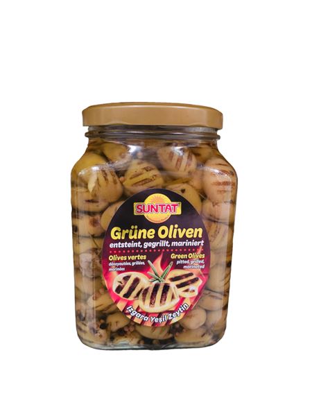 SUNTAT Gegrillte Grüne Oliven mariniert 1600ml Glas