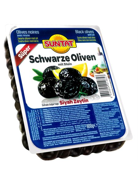 SUNTAT Gemlik Schwarze Oliven mit Stein Super 800g Vakuum