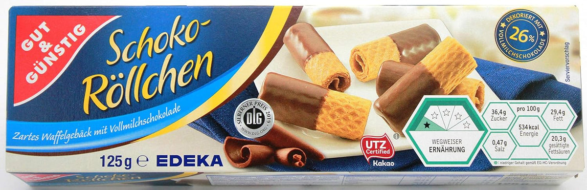 GUT&GÜNSTIG Schoko Röllchen Vollmilch Waffelgebäck 26% Vollmilchschokolade 125 g