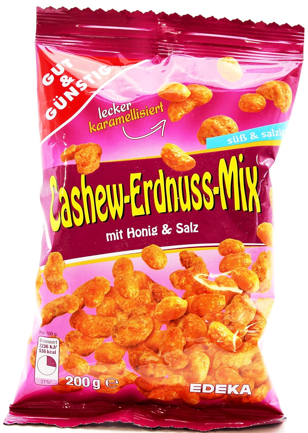 GUT&GÜNSTIG Cashew-Erdnuss-Mix Honig & Salz Dragierte Nüsse Süß-Salzig Snack 200 g