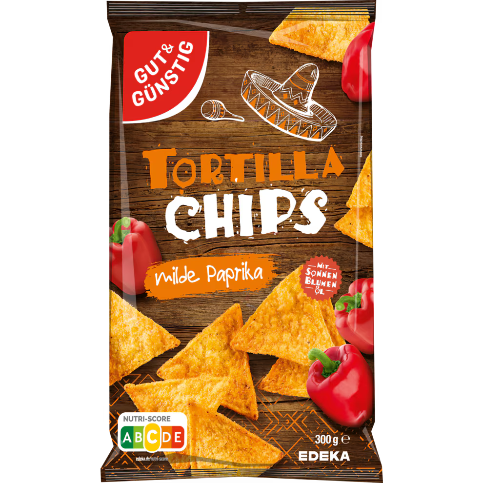GUT&GÜNSTIG Tortilla Chips Paprikageschmack Maischips mit Paprika 300 g / GUT&GÜNSTIG Tortilla Cipsi Kırmızı Biberli Mısır Cipsi 300 g