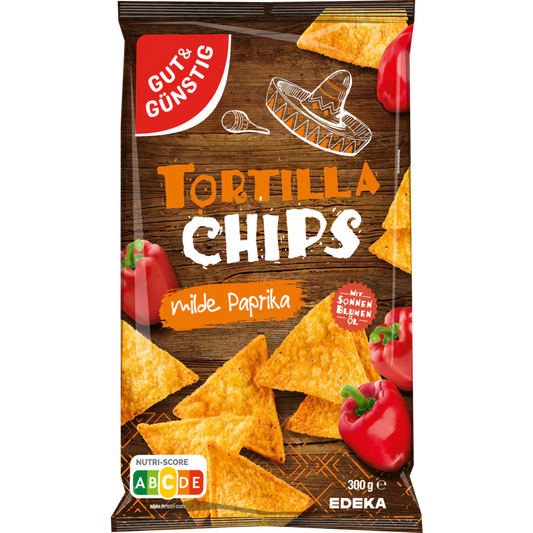 GUT&GÜNSTIG Tortilla Chips Paprikageschmack Maischips mit Paprika 300 g / GUT&GÜNSTIG Tortilla Cipsi Kırmızı Biberli Mısır Cipsi 300 g