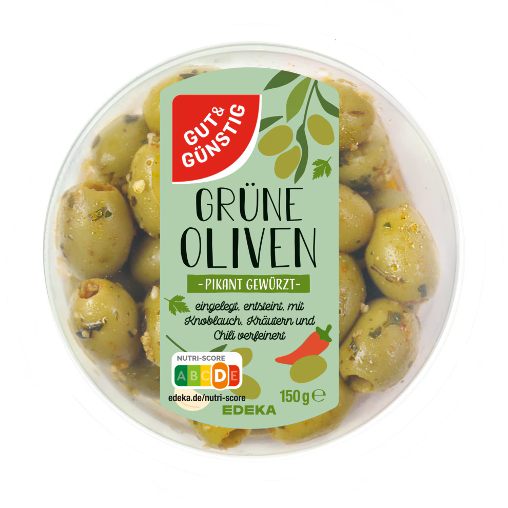 GUT&GÜNSTIG Grüne Oliven Chili Knoblauch Kräuter 150 g / Sarımaklı Otlu Acı Biberli Yeşil Zeytin 150 g