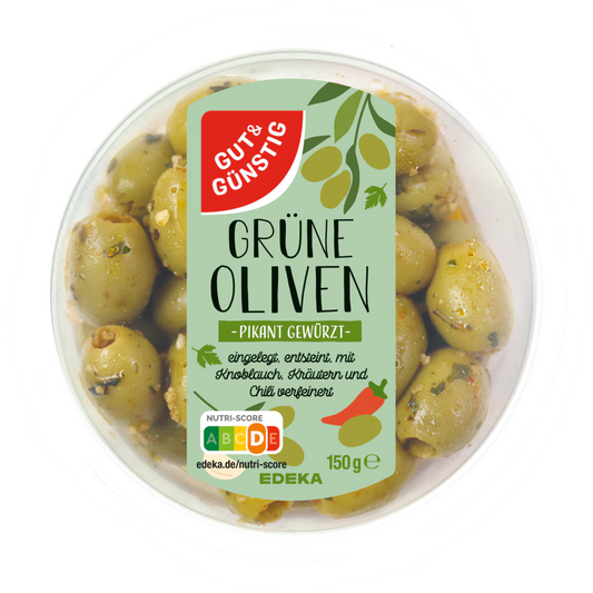 GUT&GÜNSTIG Grüne Oliven Chili Knoblauch Kräuter 150 g / Sarımaklı Otlu Acı Biberli Yeşil Zeytin 150 g