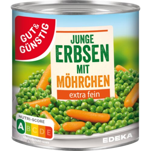 GUT&GÜNSTIG Junge Erbsen+Möhrchen extra fein 800 g / GUT&GÜNSTIG Ekstra İnce Taze Bezelye ve Havuç Konservesi 800 g