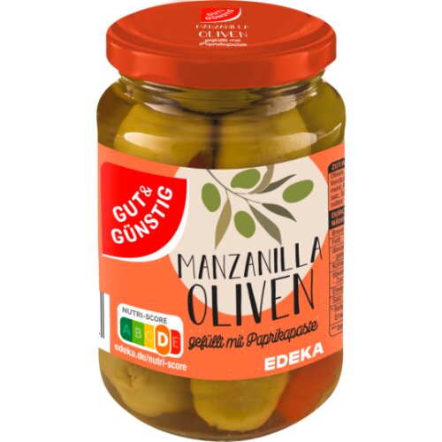 GUT&GÜNSTIG Oliven grün m.Paprikapaste gef. 340 g / GUT&GÜNSTIG Kırmızı Biber Dolgulu Yeşil Zeytin 340 g