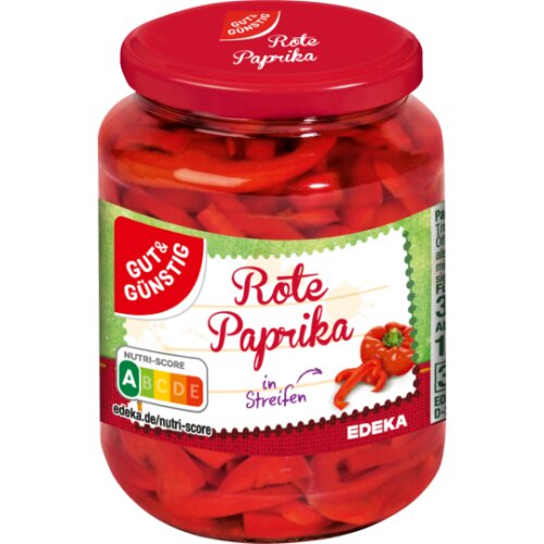 GUT&GÜNSTIG Paprika rot in Streifen 320 g / GUT&GÜNSTIG Şeritler Halinde Kırmızı Biber Konservesi 320 g
