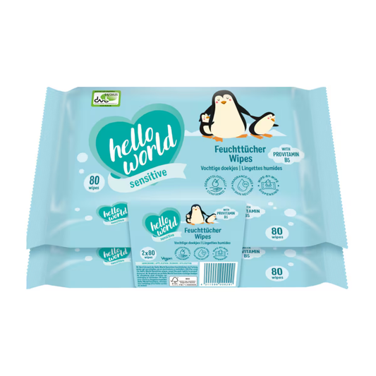 Hello World Sensitive Feuchttücher 2x80 – Provitamin B5, parfumümfrei